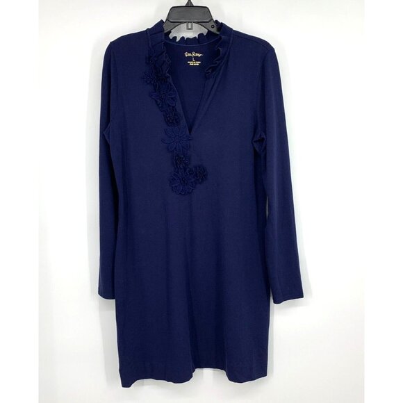 Lilly Pulitzer Dress Clary Polo Blue Long Sleeve V Neck Embroidered - Picture 3 of 10